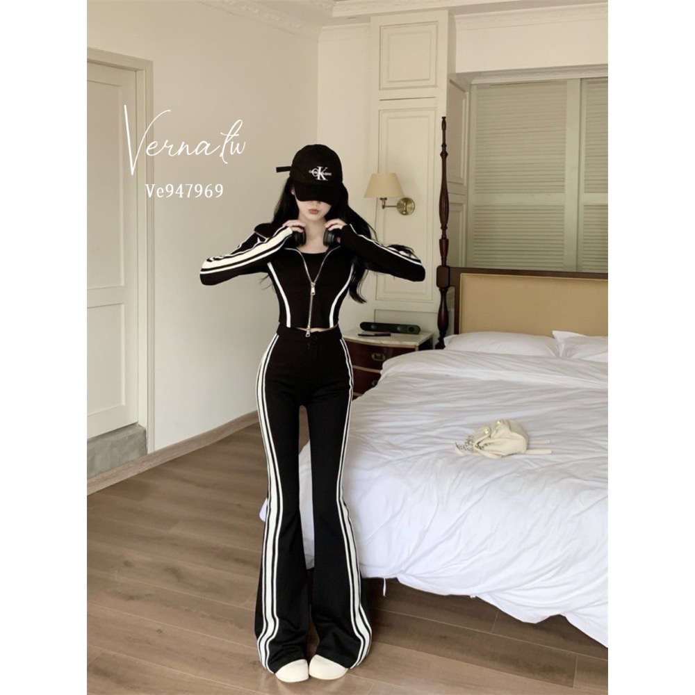 休閒翻領條紋拼接套裝-細節圖5