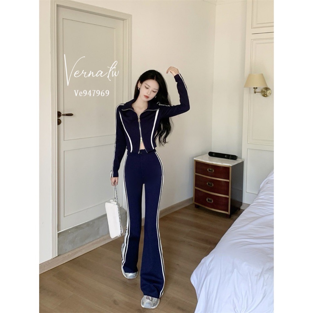 休閒翻領條紋拼接套裝-細節圖7