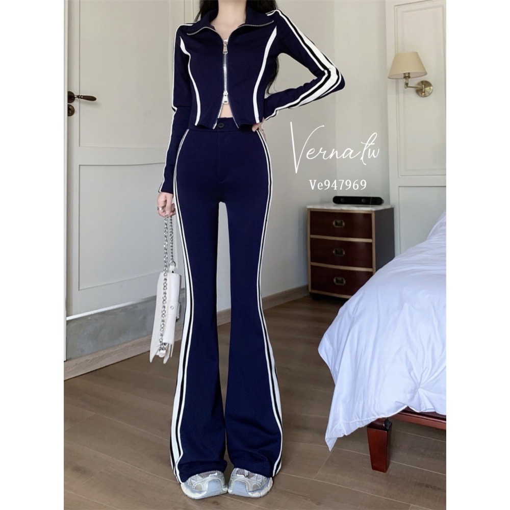 休閒翻領條紋拼接套裝-細節圖8