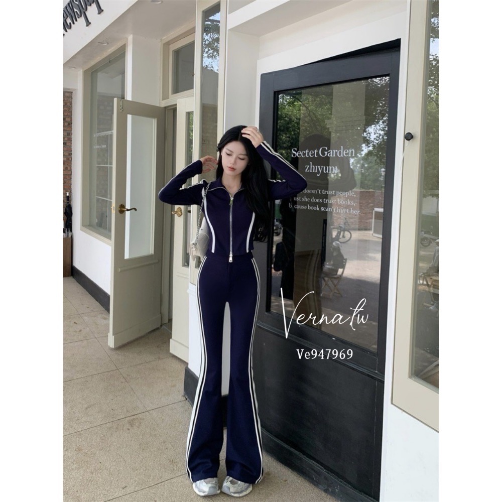 休閒翻領條紋拼接套裝-細節圖9