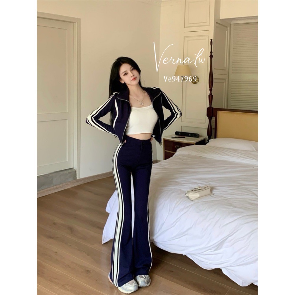 休閒翻領條紋拼接套裝-細節圖10