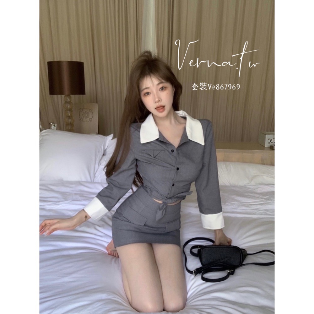 撞色修身翻領襯衫+高腰裙套裝-細節圖3