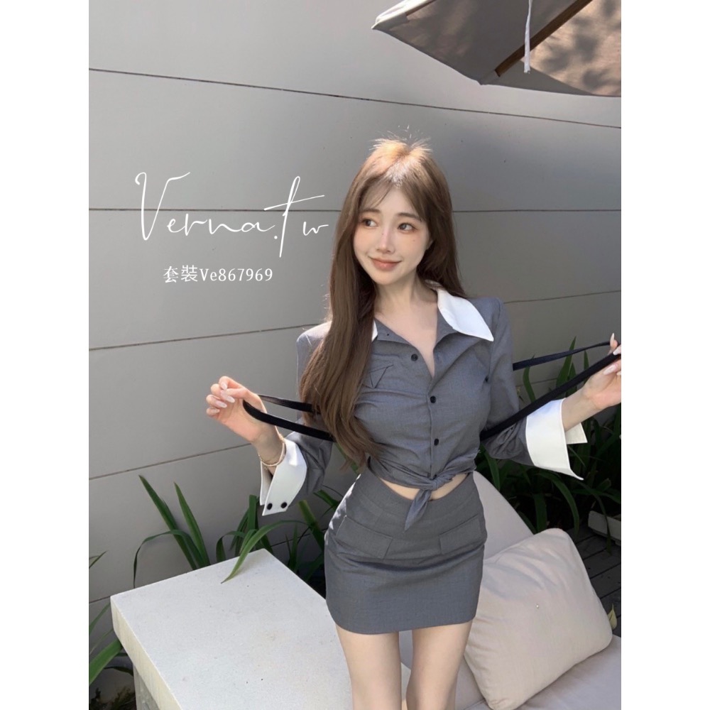 撞色修身翻領襯衫+高腰裙套裝-細節圖4