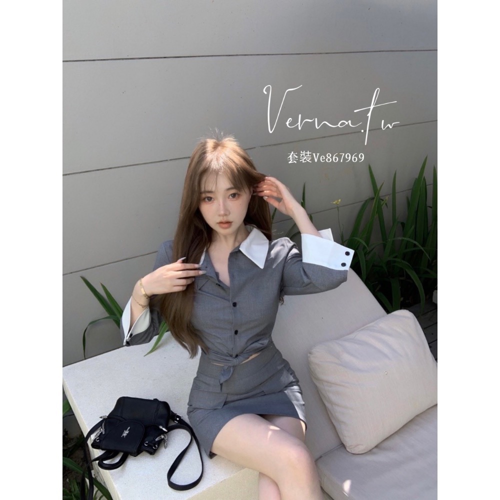 撞色修身翻領襯衫+高腰裙套裝-細節圖5