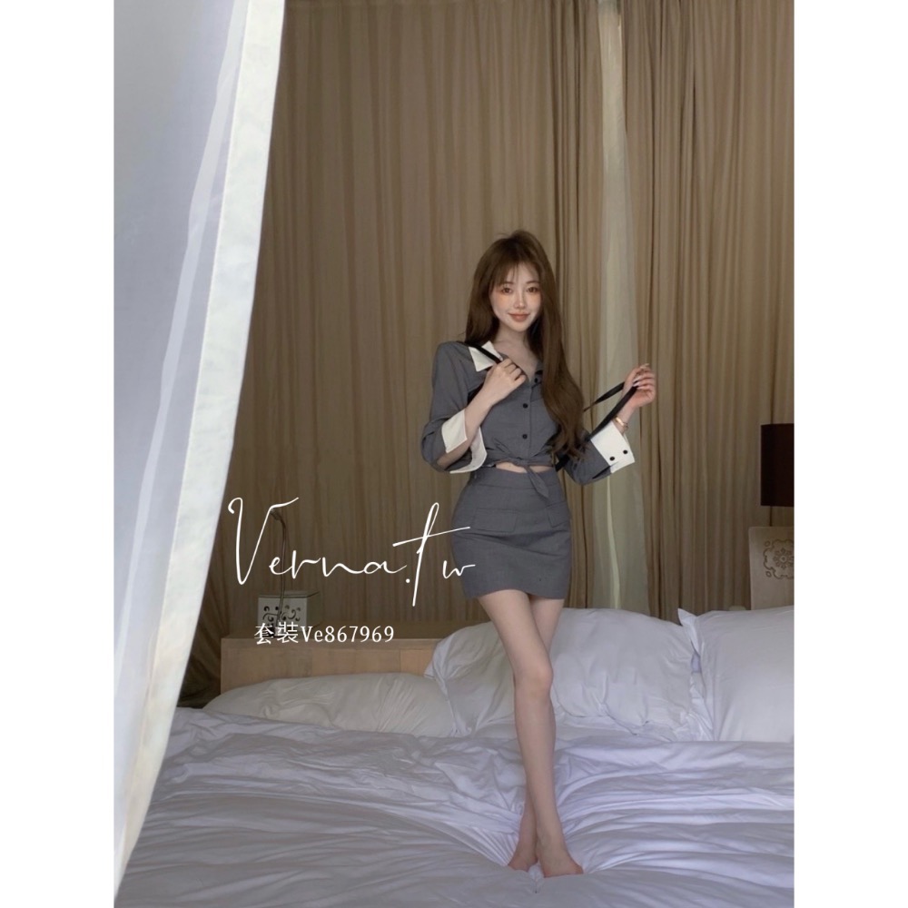 撞色修身翻領襯衫+高腰裙套裝-細節圖6