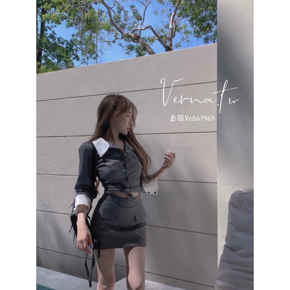 撞色修身翻領襯衫+高腰裙套裝-細節圖7