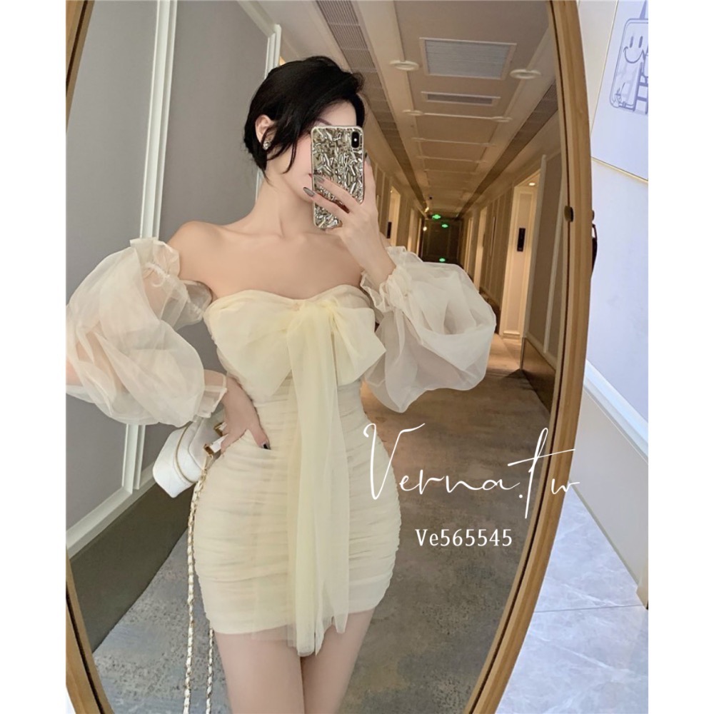 一字肩法式網紗蝴蝶結連身裙-細節圖2