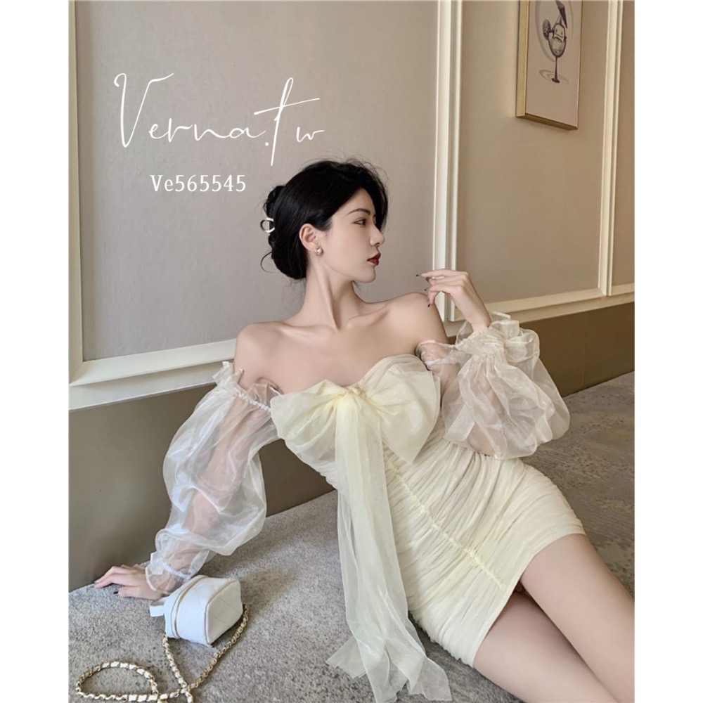 一字肩法式網紗蝴蝶結連身裙-細節圖3