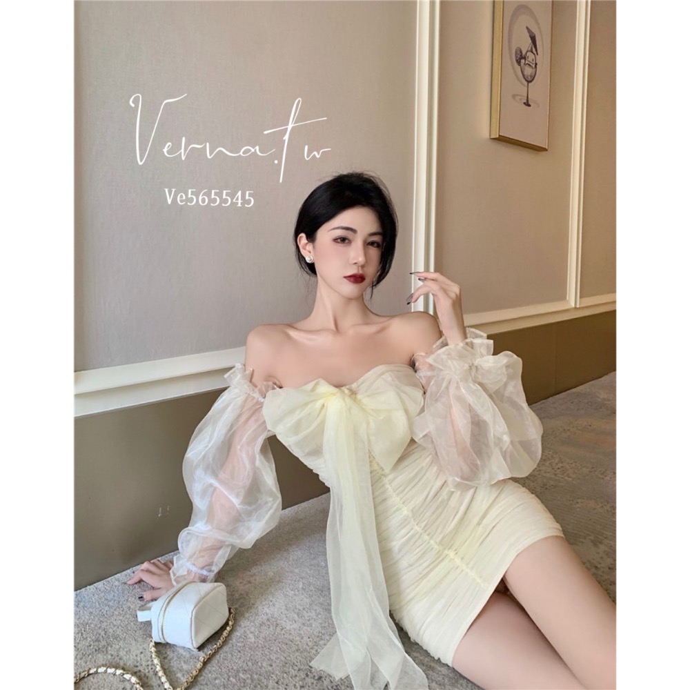 一字肩法式網紗蝴蝶結連身裙-細節圖4