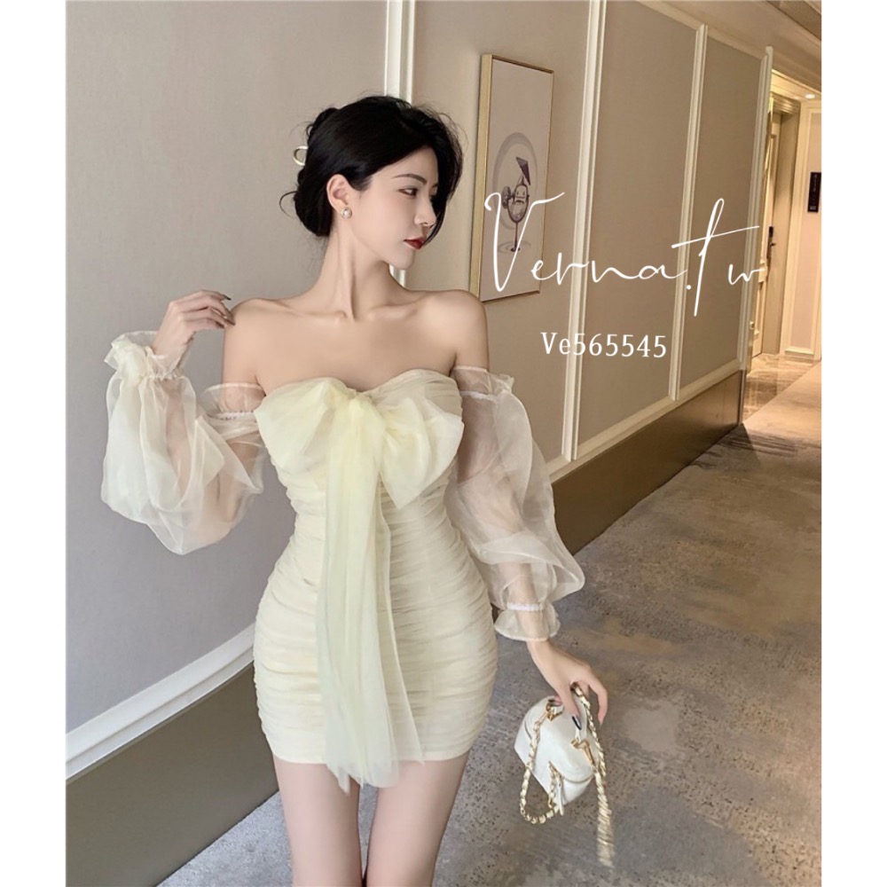 一字肩法式網紗蝴蝶結連身裙-細節圖5