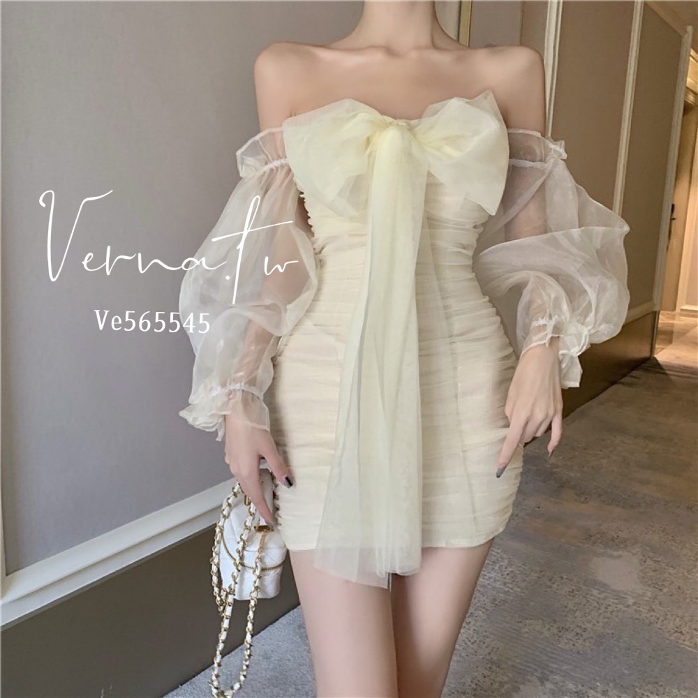 一字肩法式網紗蝴蝶結連身裙-細節圖6