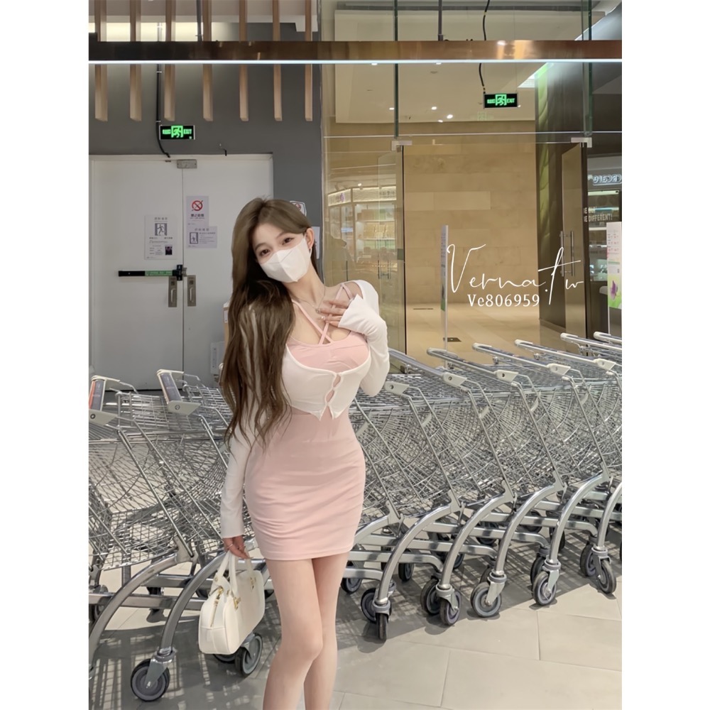 超美！白粉色系開衫+連身裙-細節圖3