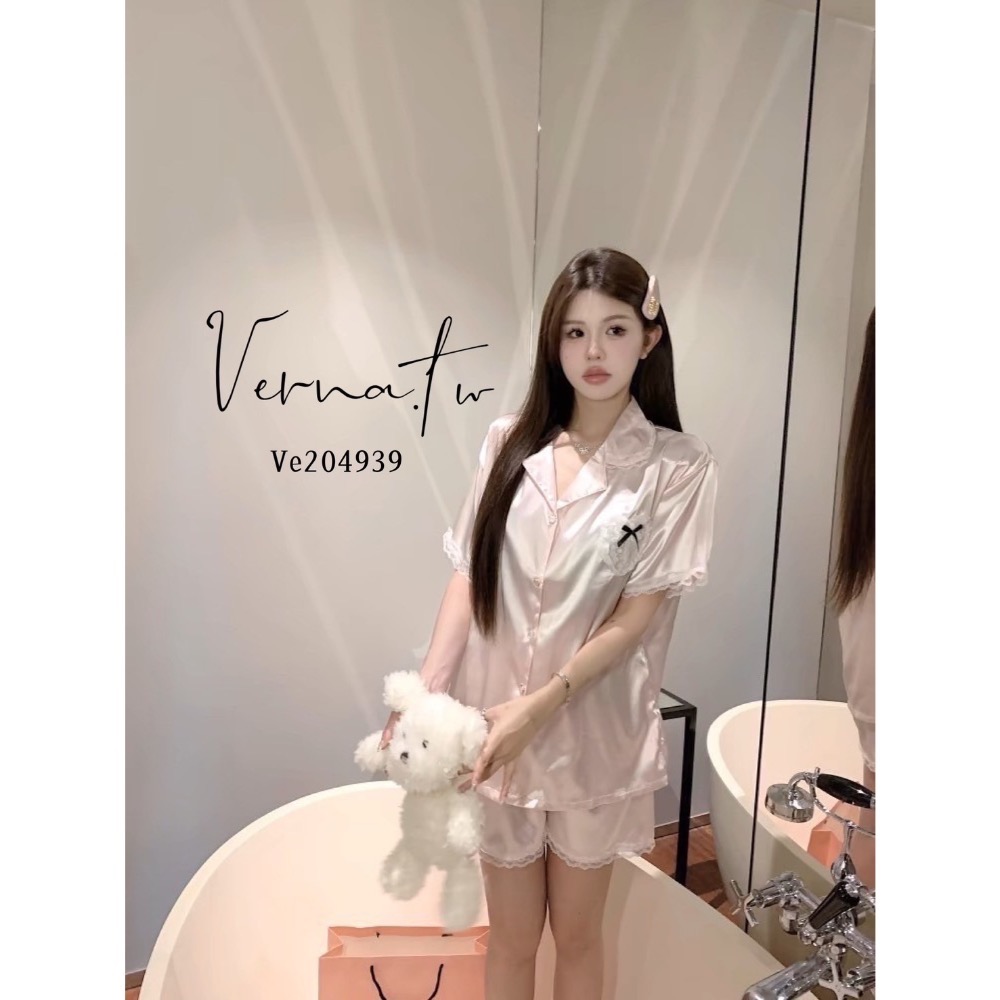 居家甜美‘ 粉色冰絲睡衣套裝-細節圖3