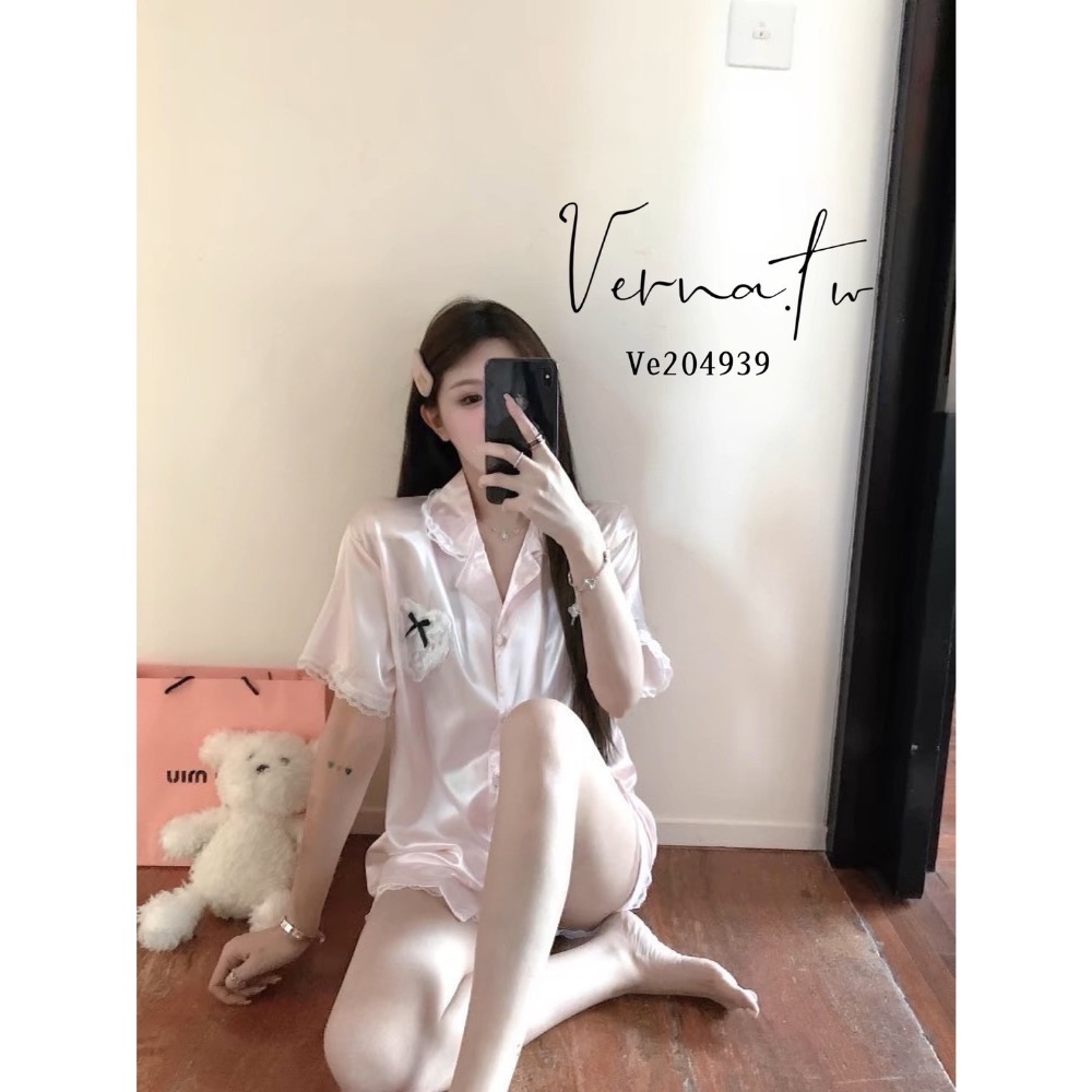 居家甜美‘ 粉色冰絲睡衣套裝-細節圖5