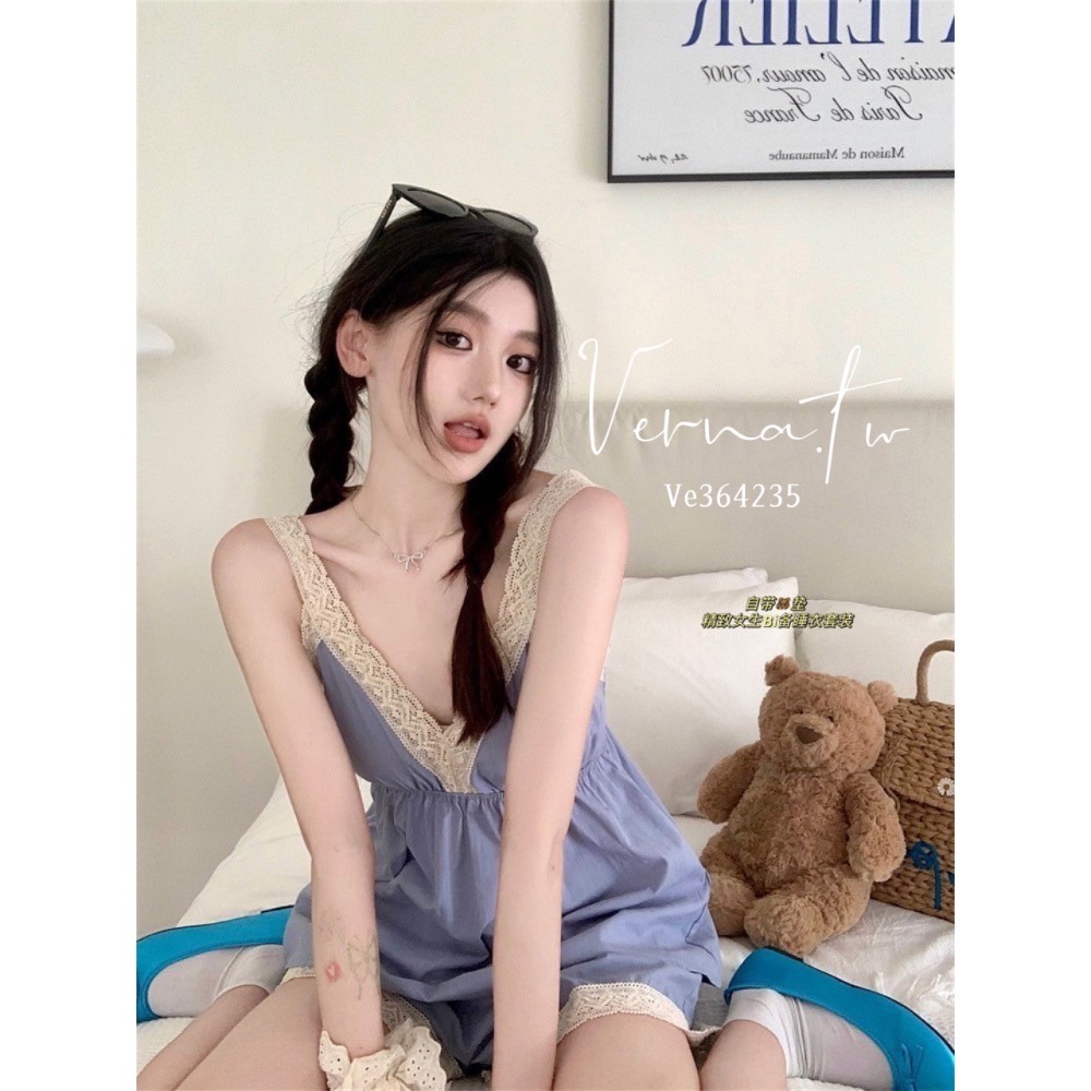 精緻感‘ 霧藍甜美蕾絲冰絲睡衣-細節圖2