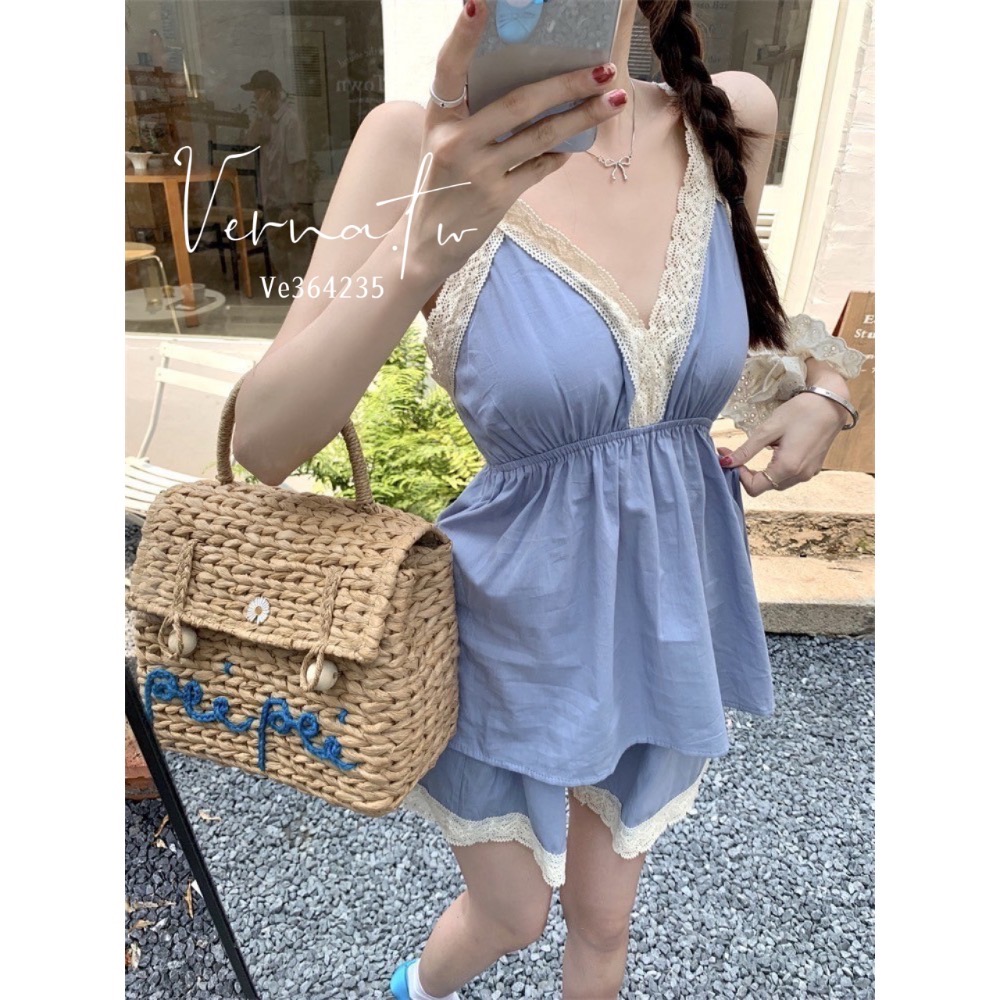 精緻感‘ 霧藍甜美蕾絲冰絲睡衣-細節圖8