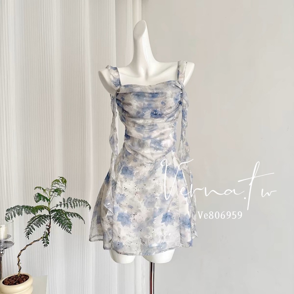 人魚的眼淚‘ 藍碎花飄飄連身裙-細節圖3