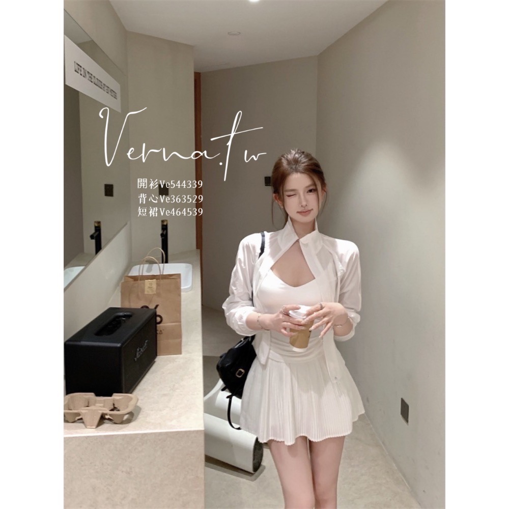 夏季微休閒套組’ 微透感寬鬆開衫+背心+百摺短裙-細節圖2