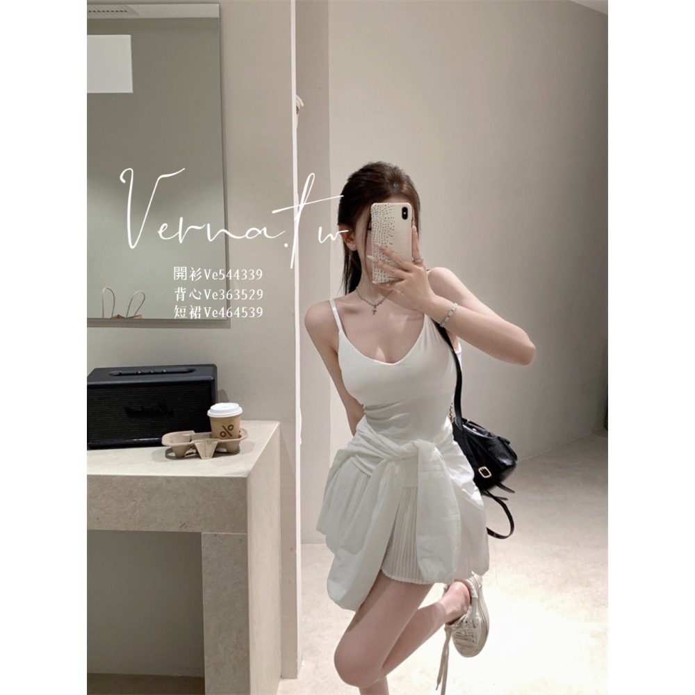 夏季微休閒套組’ 微透感寬鬆開衫+背心+百摺短裙-細節圖4