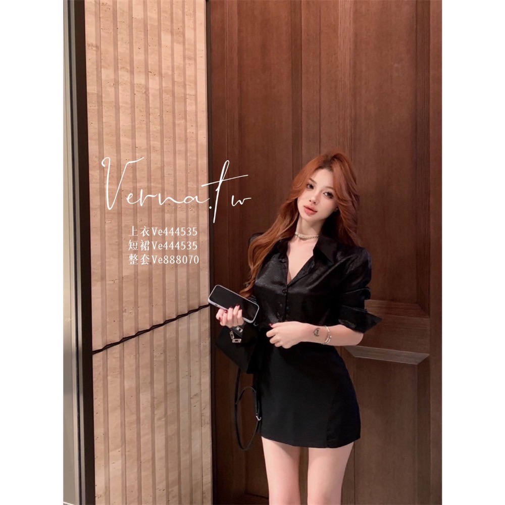 高級韓系‘亮緞感黑色兩件套裝-細節圖6