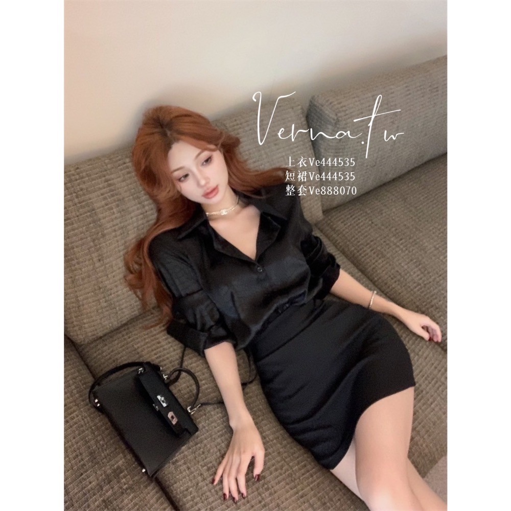 高級韓系‘亮緞感黑色兩件套裝-細節圖7