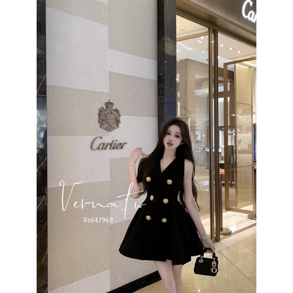 赫本風格高級感‘ 雙排扣西裝連身洋-細節圖2