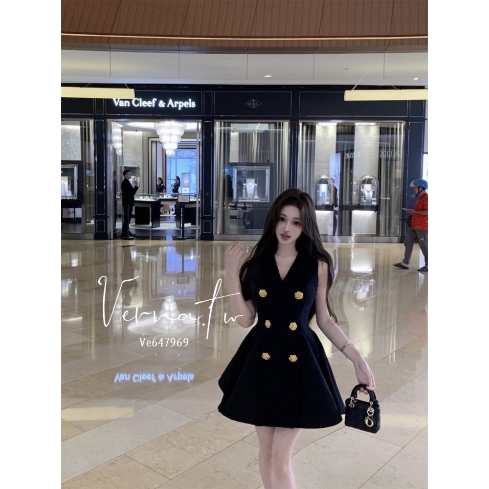 赫本風格高級感‘ 雙排扣西裝連身洋-細節圖3