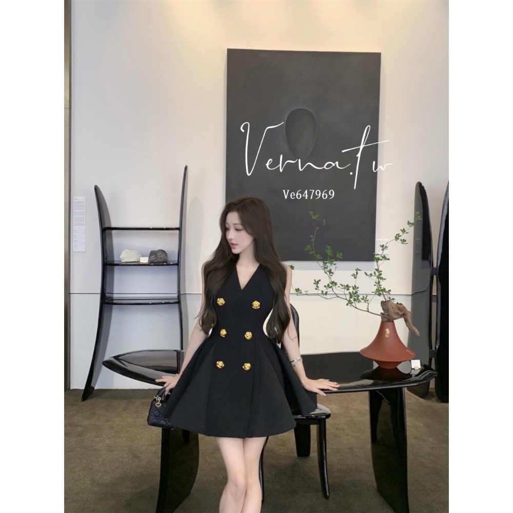 赫本風格高級感‘ 雙排扣西裝連身洋-細節圖4