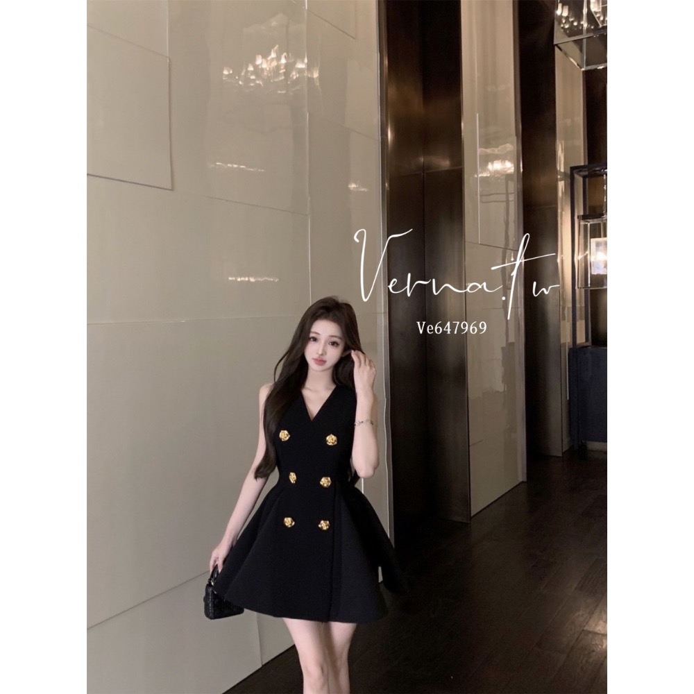 赫本風格高級感‘ 雙排扣西裝連身洋-細節圖9