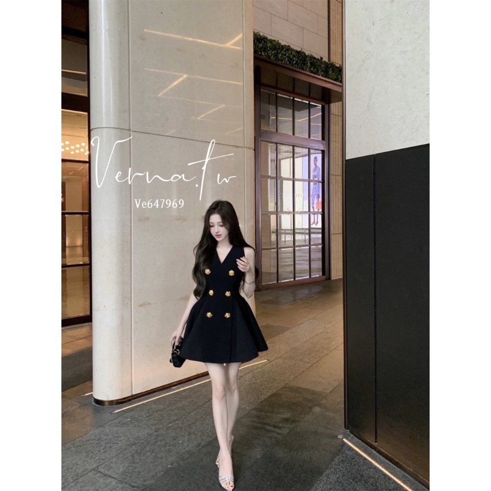 赫本風格高級感‘ 雙排扣西裝連身洋-細節圖11