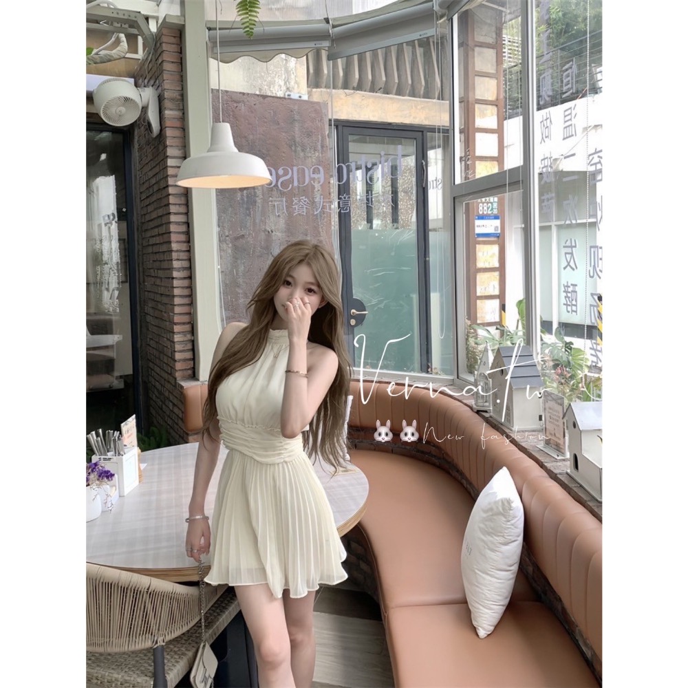 氣質推薦款‘ 雪紡仙氣掛脖壓摺連身裙-細節圖2