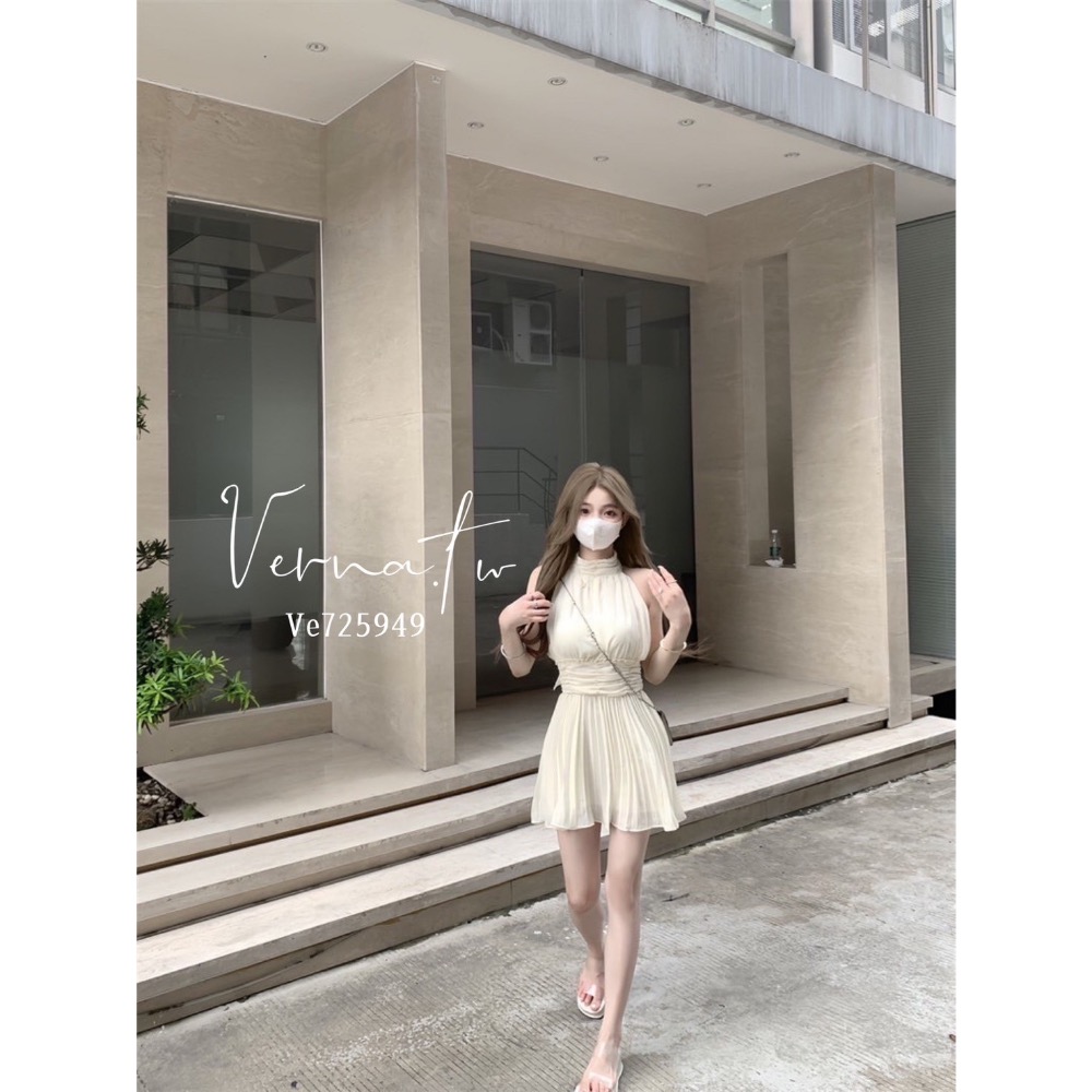 氣質推薦款‘ 雪紡仙氣掛脖壓摺連身裙-細節圖3