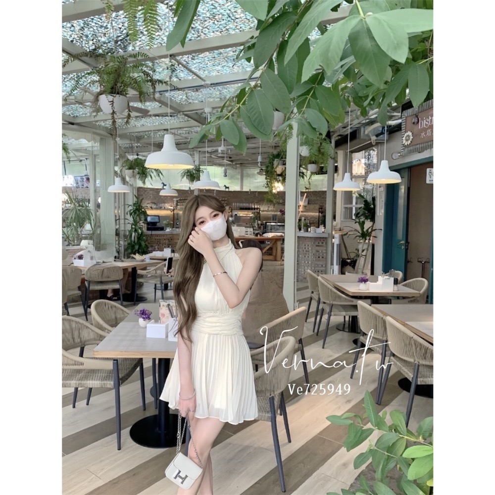 氣質推薦款‘ 雪紡仙氣掛脖壓摺連身裙-細節圖4