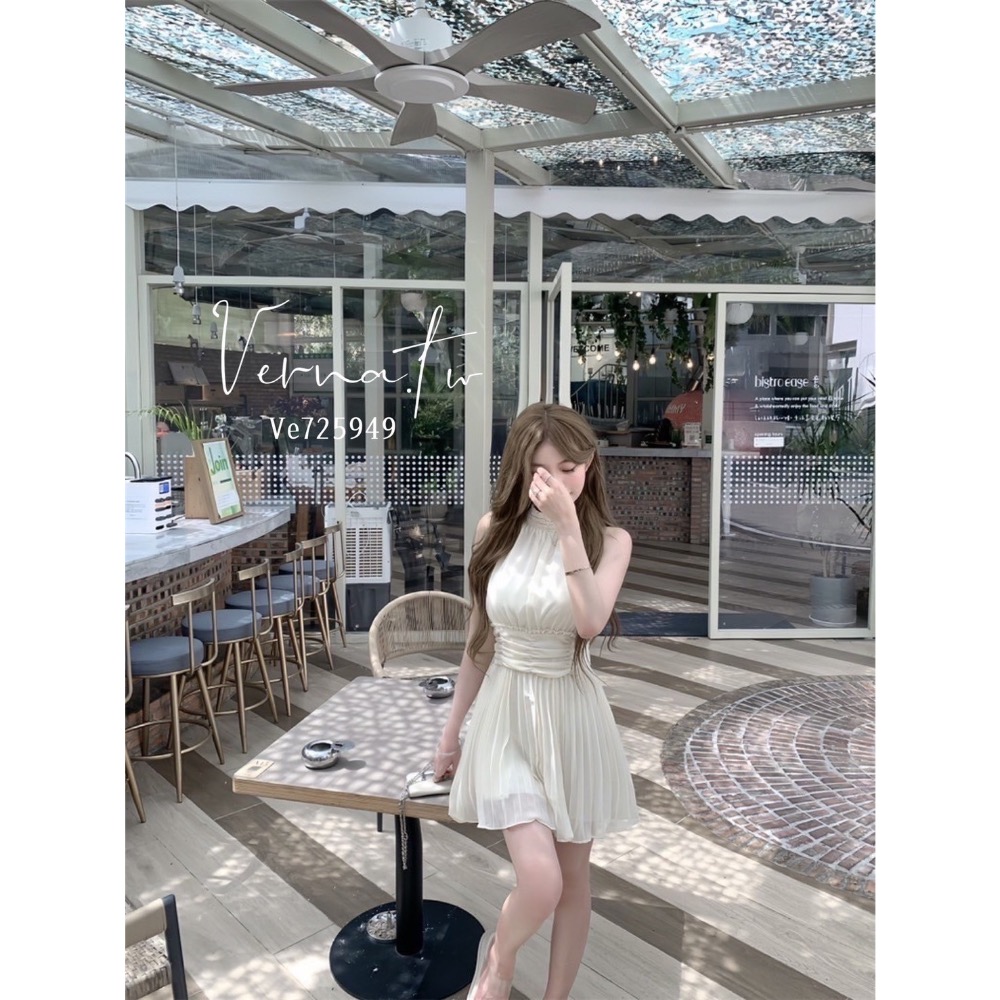 氣質推薦款‘ 雪紡仙氣掛脖壓摺連身裙-細節圖7