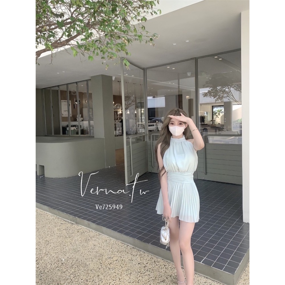 氣質推薦款‘ 雪紡仙氣掛脖壓摺連身裙-細節圖10