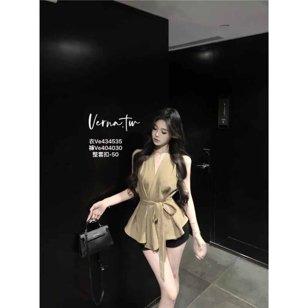 高級訂製‘卡其西裝感上衣x黑色短褲-細節圖2