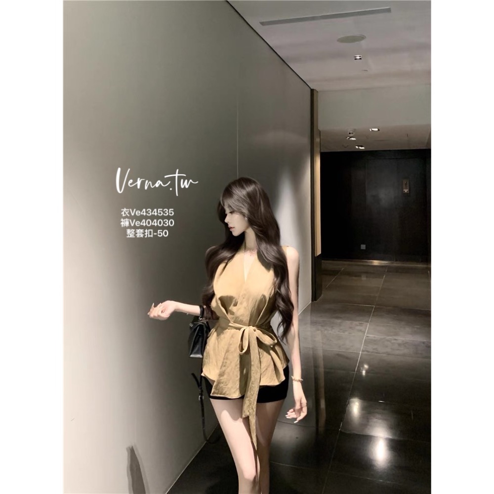 高級訂製‘卡其西裝感上衣x黑色短褲-細節圖3