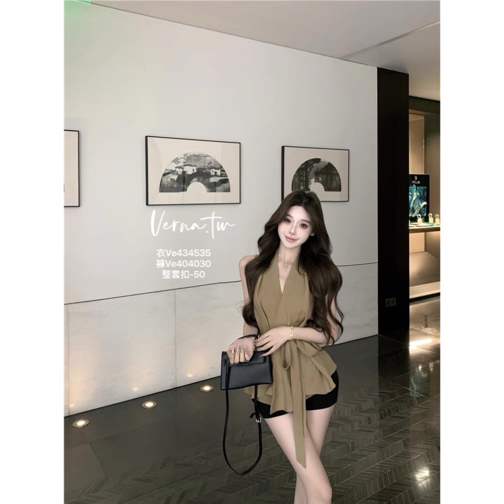 高級訂製‘卡其西裝感上衣x黑色短褲-細節圖4