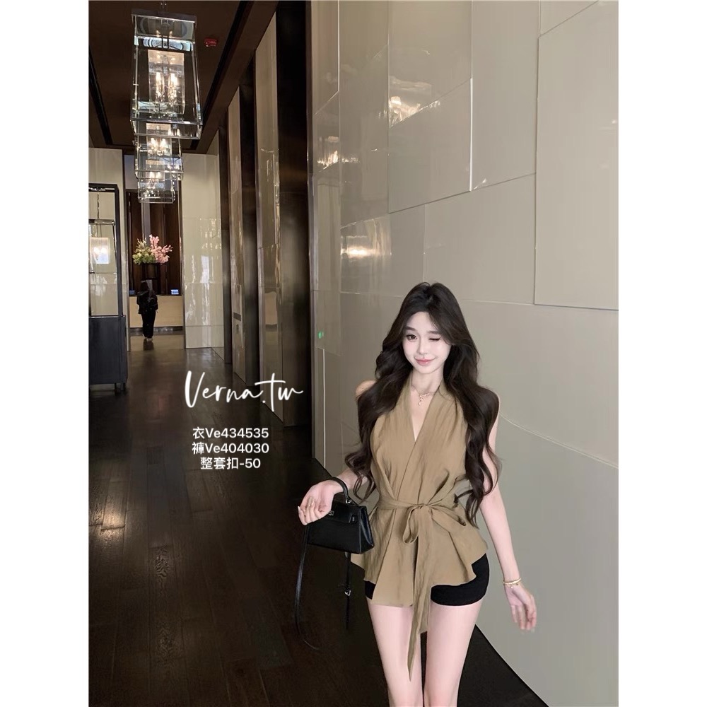 高級訂製‘卡其西裝感上衣x黑色短褲-細節圖7