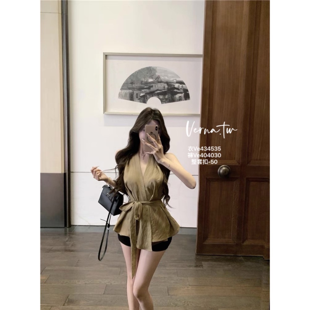 高級訂製‘卡其西裝感上衣x黑色短褲-細節圖8