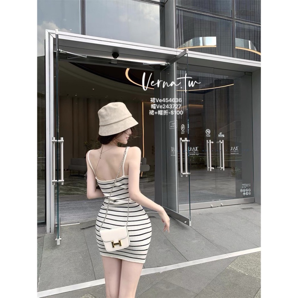 獨家訂製‘夏日休閒條紋連身洋x顯臉小漁夫帽-細節圖3