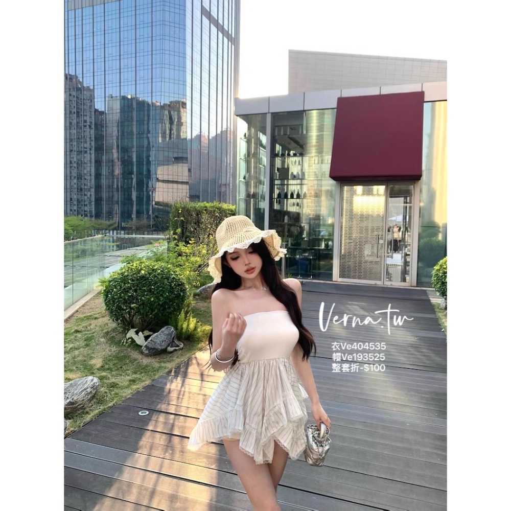 獨家訂製‘條紋拼接無袖洋 夏日草編法式帽-細節圖3