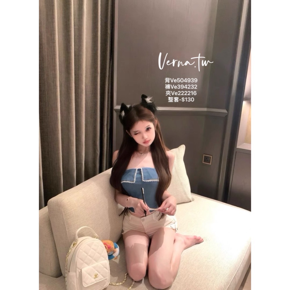 獨家訂製‘超美牛仔藍蕾絲背心 模特兒御用短褲 黑白貓咪髮夾-細節圖3