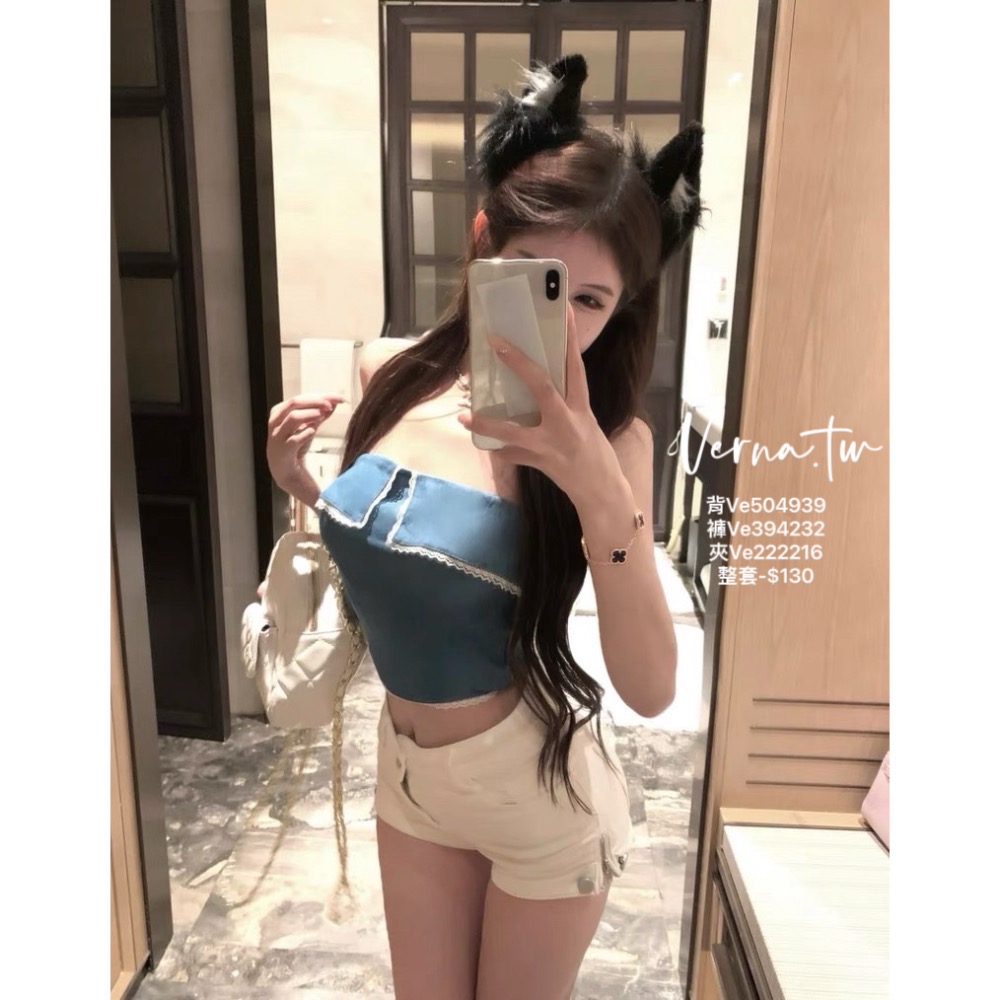 獨家訂製‘超美牛仔藍蕾絲背心 模特兒御用短褲 黑白貓咪髮夾-細節圖5