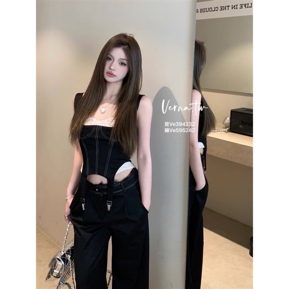 街頭辣妹‘ 蕾絲拼接背心x長寬褲套裝-細節圖3