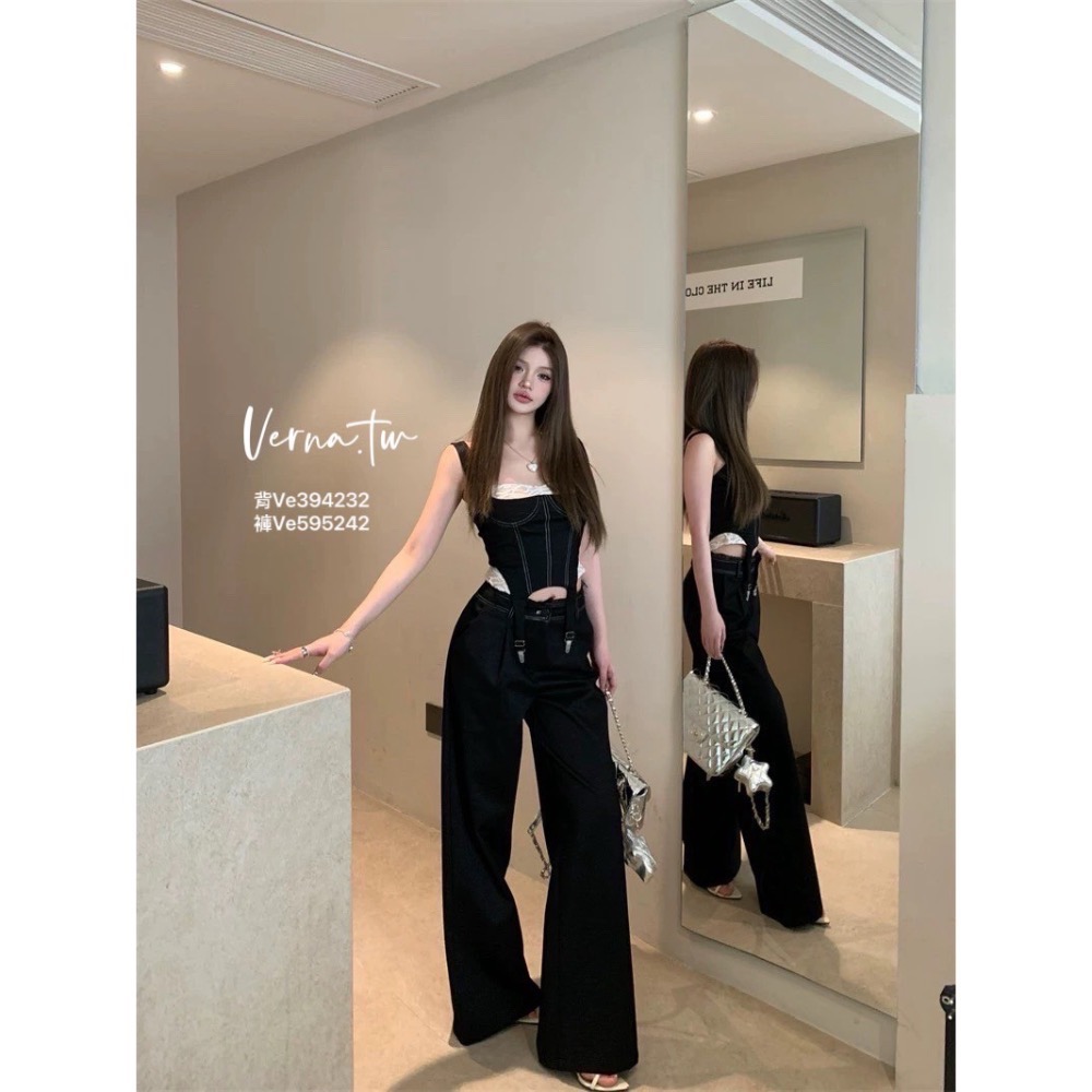 街頭辣妹‘ 蕾絲拼接背心x長寬褲套裝-細節圖7