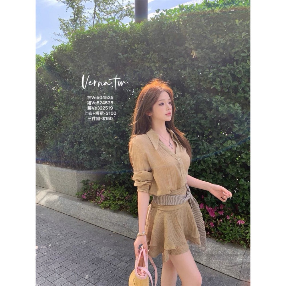夏日氛圍‘ 飄逸襯衫x短裙x絲巾腰帶三件套-細節圖3