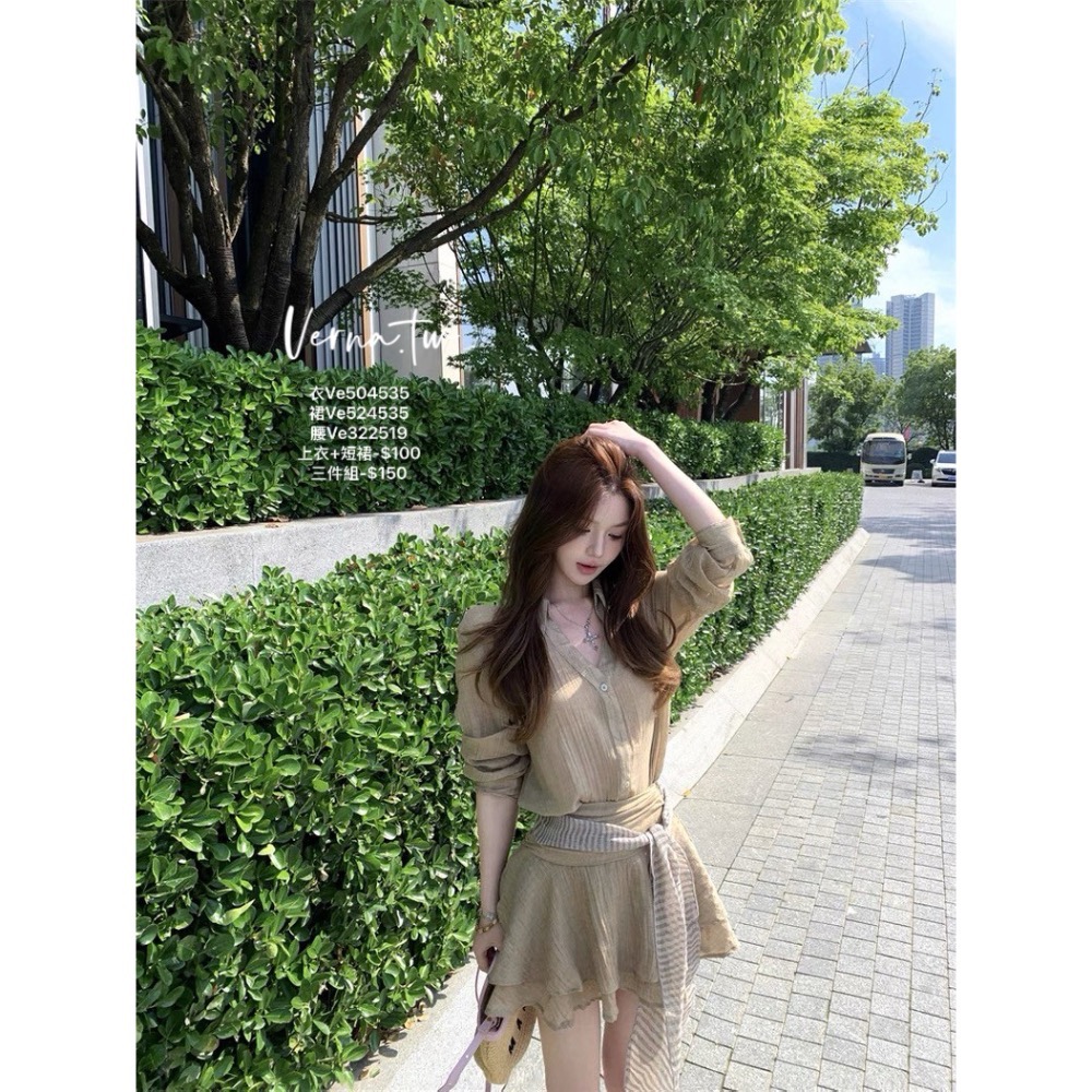 夏日氛圍‘ 飄逸襯衫x短裙x絲巾腰帶三件套-細節圖5