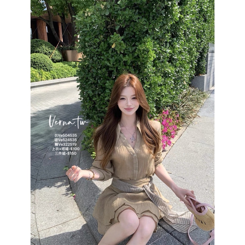 夏日氛圍‘ 飄逸襯衫x短裙x絲巾腰帶三件套-細節圖6