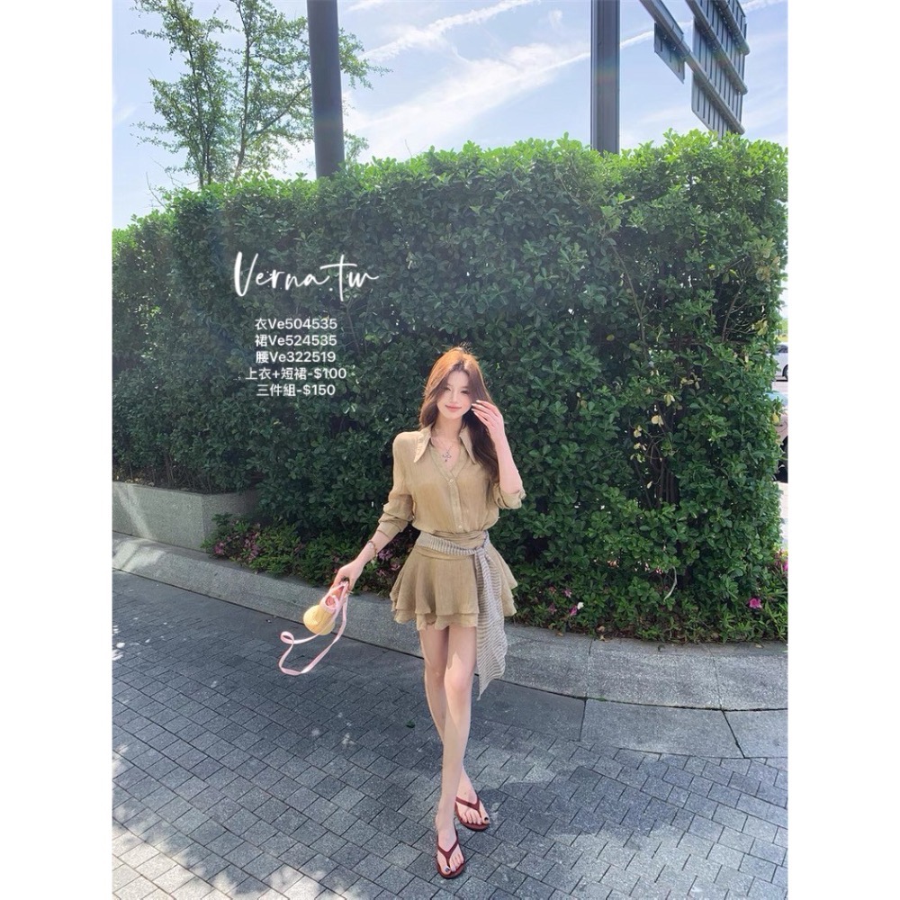 夏日氛圍‘ 飄逸襯衫x短裙x絲巾腰帶三件套-細節圖7